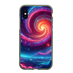 Чехол iPhone XS Max матовый Яркая неоновая галактика - нейросеть, цвет: 3D-темно-зеленый