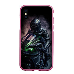 Чехол iPhone XS Max матовый Мотоциклист на спортивном байке черный фон
