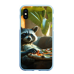 Чехол iPhone XS Max матовый Енот ест пиццу на диване, цвет: 3D-голубой