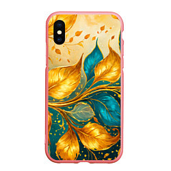 Чехол iPhone XS Max матовый Листья абстрактные золото и бирюза