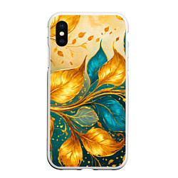 Чехол iPhone XS Max матовый Листья абстрактные золото и бирюза, цвет: 3D-белый