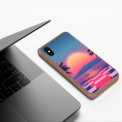 Чехол iPhone XS Max матовый Пальмы на шахматном полу с видом на закат, цвет: 3D-коричневый — фото 2