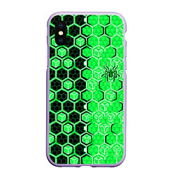 Чехол iPhone XS Max матовый Техно-киберпанк шестиугольники зелёный и чёрный с, цвет: 3D-светло-сиреневый