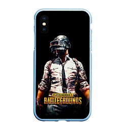 Чехол iPhone XS Max матовый PUBG игрок на закате черный фон, цвет: 3D-голубой