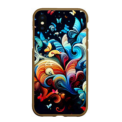 Чехол iPhone XS Max матовый Бабочки и цветы в ночи - фантазия, цвет: 3D-коричневый