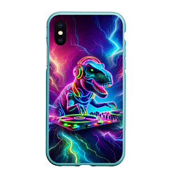 Чехол iPhone XS Max матовый Tyrannosaur DJ - neon glow, цвет: 3D-мятный