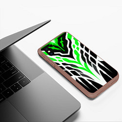 Чехол iPhone XS Max матовый Агрессивные зелёно-белые полосы на чёрном фоне, цвет: 3D-коричневый — фото 2