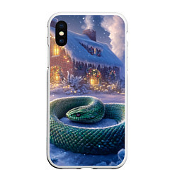 Чехол iPhone XS Max матовый Большая змея на фоне новогоднего дома, цвет: 3D-белый