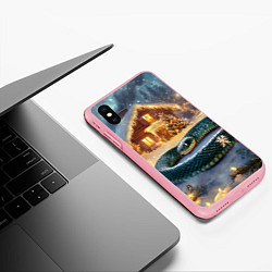 Чехол iPhone XS Max матовый Большая змея на фоне новогоднего дома, цвет: 3D-баблгам — фото 2