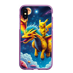 Чехол iPhone XS Max матовый Pikachu on a fabulous dragon - neon glow