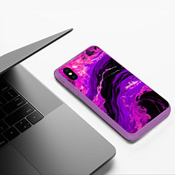 Чехол iPhone XS Max матовый Фиолетовые брызги на чёрном фоне, цвет: 3D-фиолетовый — фото 2