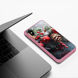 Чехол iPhone XS Max матовый Новогодние украшения на ветках, цвет: 3D-малиновый — фото 2