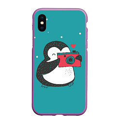 Чехол iPhone XS Max матовый Пингвин с фотоаппаратом, цвет: 3D-фиолетовый