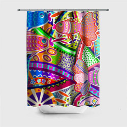 Шторка для ванной Разноцветные яркие рыбки на абстрактном цветном фо