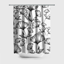 Шторка для ванной Графичные цветы на белом фоне