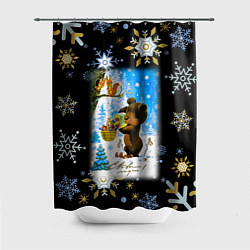 Шторка для душа Новый год мишка угощает белочек, цвет: 3D-принт