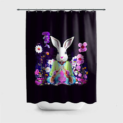 Шторка для душа Кролик в цветах на черном фоне, цвет: 3D-принт