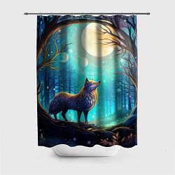 Шторка для душа Волк в ночном лесу в folk art стиле, цвет: 3D-принт