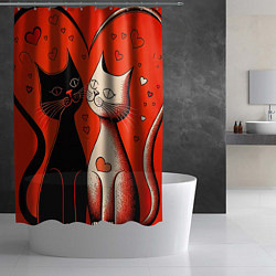 Шторка для душа Влюблённые кошки на красном фоне, цвет: 3D-принт — фото 2