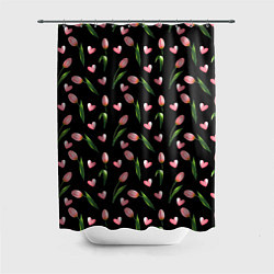 Шторка для душа Тюльпаны и сердечки на черном - паттерн, цвет: 3D-принт