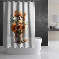 Шторка для душа Милый щенок с подсолнухами и ромашками, цвет: 3D-принт — фото 2