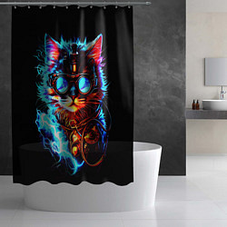 Шторка для душа Светящийся кот стимпанк, цвет: 3D-принт — фото 2