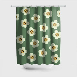Шторка для ванной Цветочки-смайлики: темно-зеленый паттерн
