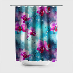 Шторка для ванной Розовые орхидеи на бирюзовом - паттерн акварель