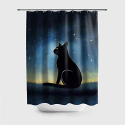 Шторка для ванной Черный кот и звезды - акварель