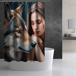 Шторка для душа Нейросеть - девушка и большой волк, цвет: 3D-принт — фото 2