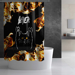Шторка для душа Slayer рок кот и огонь, цвет: 3D-принт — фото 2