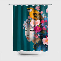 Шторка для ванной Японка с птицей на фоне цветущей сакуры