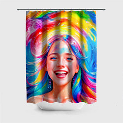 Шторка для ванной Девушка с красочными волосами в каплях воды