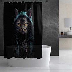 Шторка для душа Кот в капюшоне стиль киберпанк, цвет: 3D-принт — фото 2
