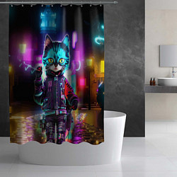 Шторка для душа Cool kitten - cyberpunk - neon glow, цвет: 3D-принт — фото 2
