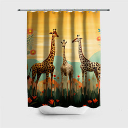 Шторка для ванной Три жирафа в стиле фолк-арт