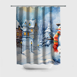 Шторка для душа Новогодний снеговик с шарфом, цвет: 3D-принт