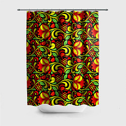 Шторка для душа Хохломская роспись красные цветы и ягоды, цвет: 3D-принт