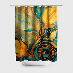 Шторка для ванной Золотые и бирюзовые листья абстракция
