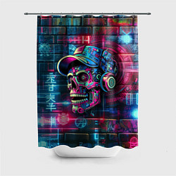 Шторка для душа Кибер чувак череп на фоне граффити - нейросеть, цвет: 3D-принт