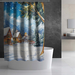 Шторка для душа Новогодний пейзаж - домики, цвет: 3D-принт — фото 2