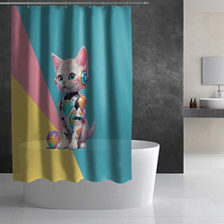 Шторка для душа Кибер котёнок с мячиком - милашка, цвет: 3D-принт — фото 2