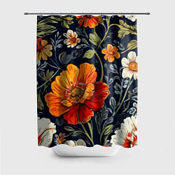 Шторка для душа Маки и пионы старинный паттерн, цвет: 3D-принт