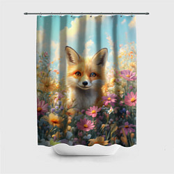 Шторка для душа Лиса в цветочном поле, цвет: 3D-принт