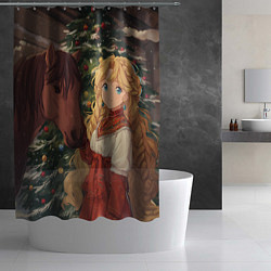 Шторка для душа Аниме девочка с лошадкой встречают Новый год, цвет: 3D-принт — фото 2