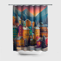 Шторка для душа Новогодний город в горах, цвет: 3D-принт