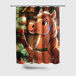 Шторка для душа Лошадка наряжает елку, цвет: 3D-принт