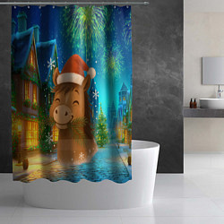 Шторка для душа Новогодняя лошадка жует елочные ветки, цвет: 3D-принт — фото 2