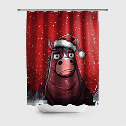 Шторка для душа Конь в новогодней шапке, цвет: 3D-принт