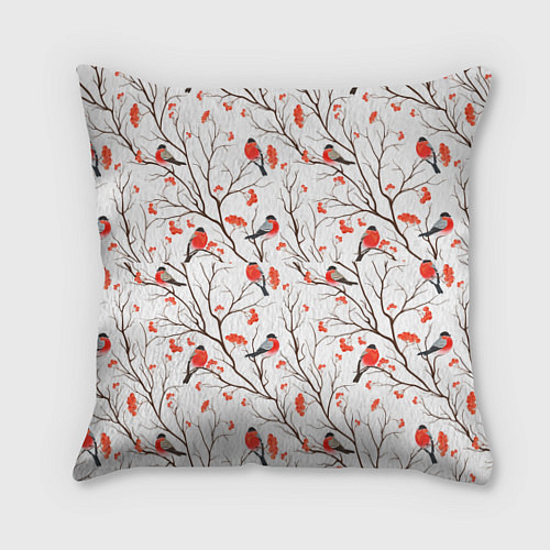 Подушка квадратная Снегири в зимнем лесу / 3D-принт – фото 1